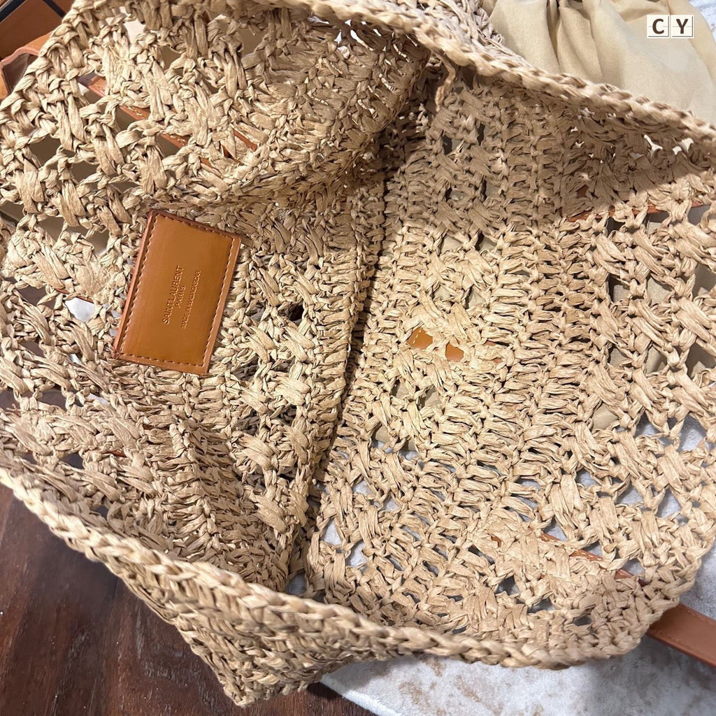 YSL Panier Medium in Raffia and Vegetable-Tanned Leather Tote Bag - Yellow