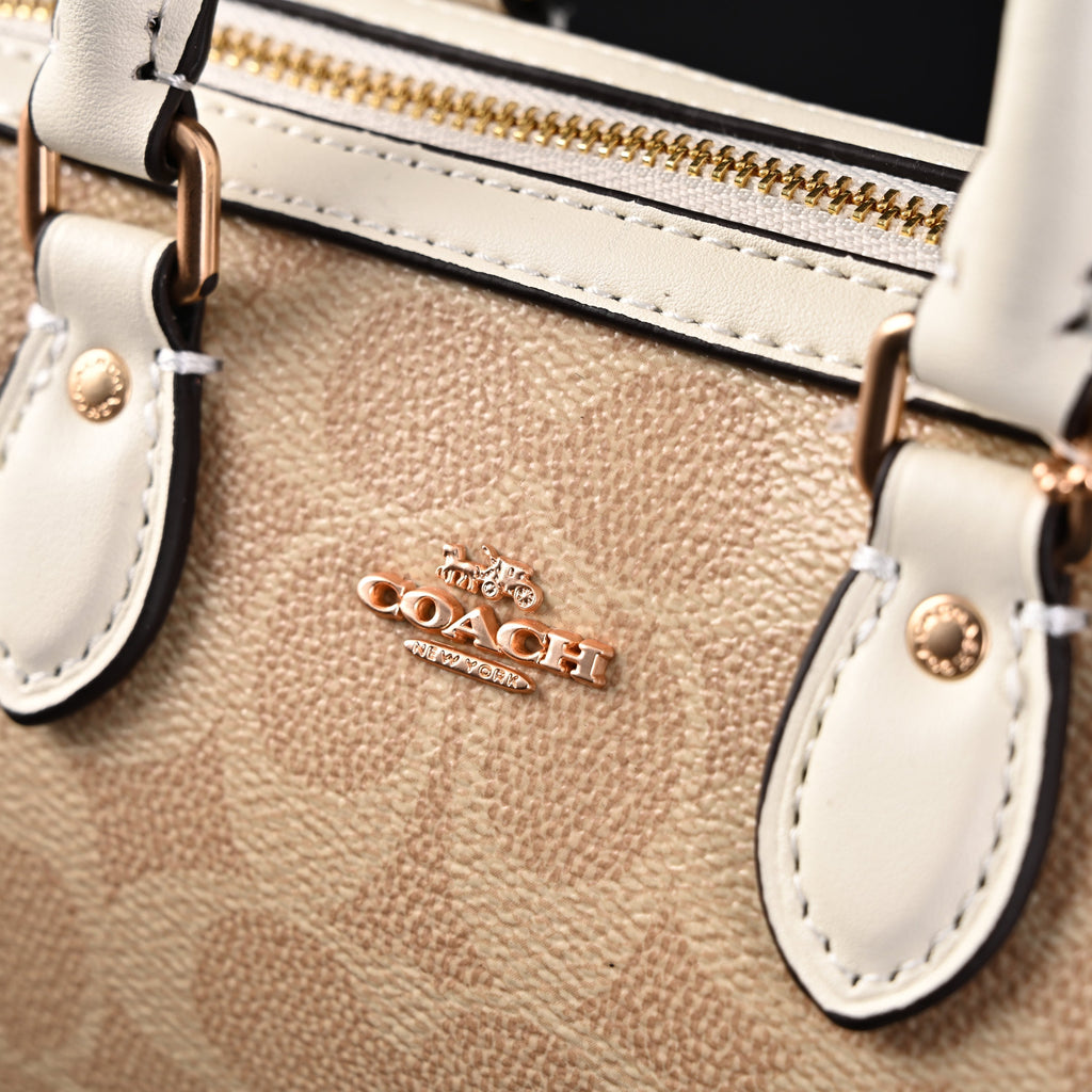 Coach Rowan Satchel – Signature Canvas Top Handle Bag with Crossbody Strap (Khaki/Chalk)