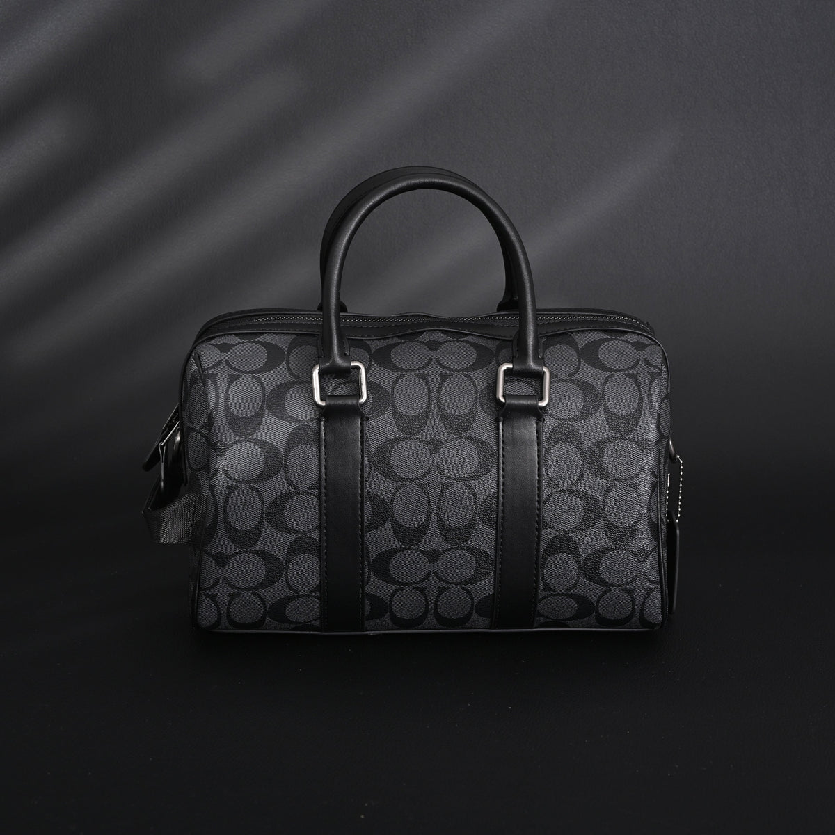 Coach Signature Duffel Bag – Black Monogram Canvas with Leather Trim