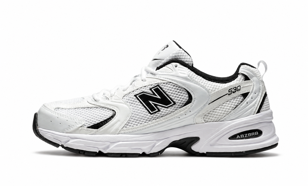 New Balance 530 white background hero — aftermath-nb530-530-white-black-details
