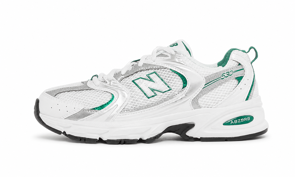 New Balance 530 white background hero — aftermath-nb530-530-white-silver-green