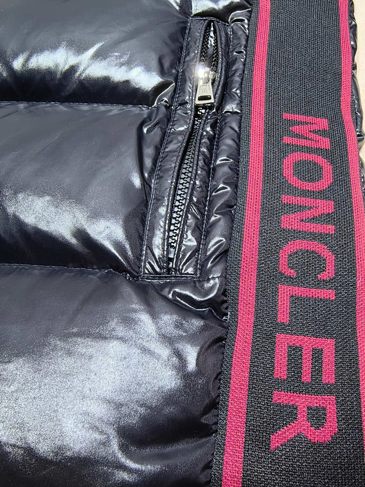 Moncler Glossy Knit-Panel Short Down Coat — detail