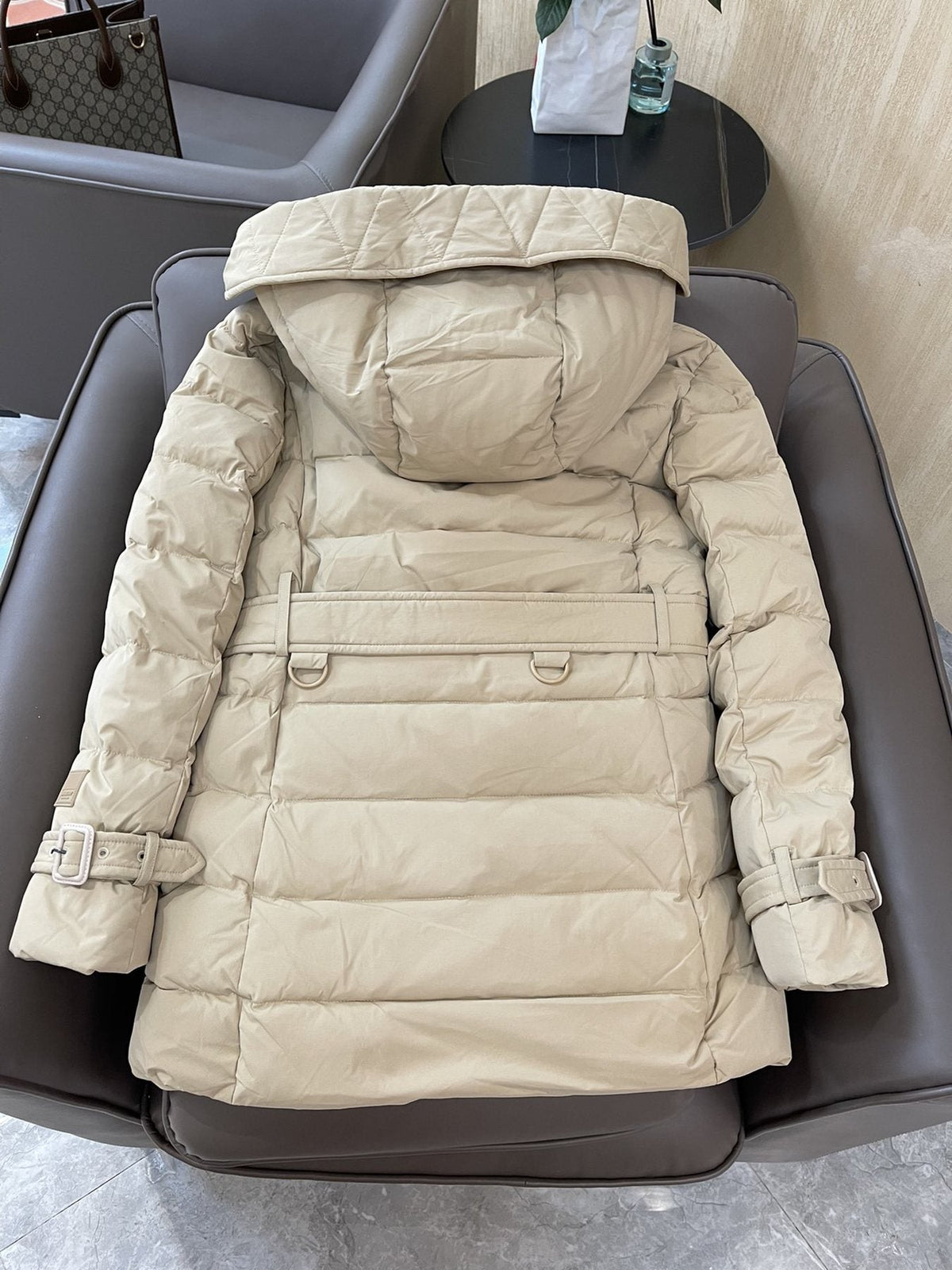 Burberry Belted Hooded Quilted Down Jacket — back
