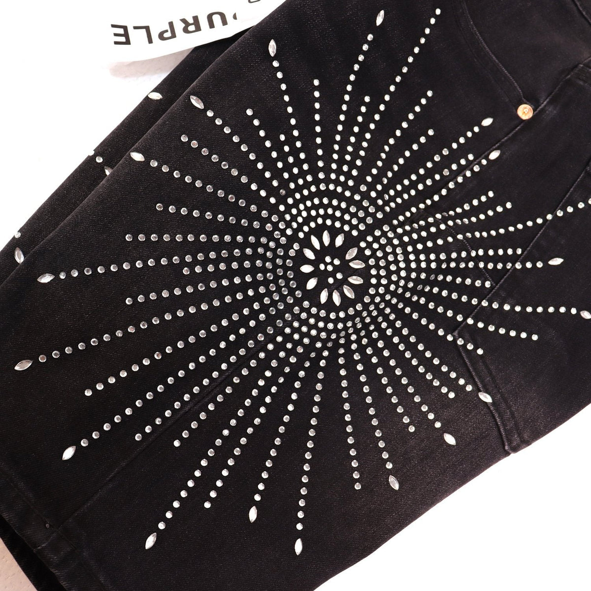PURPLE Rhinestone Burst Denim Shorts — detail