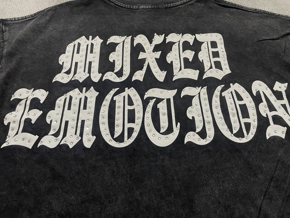 MIXED EMOTION Rhinestone Graphic Acid-Wash T-Shirt — detail