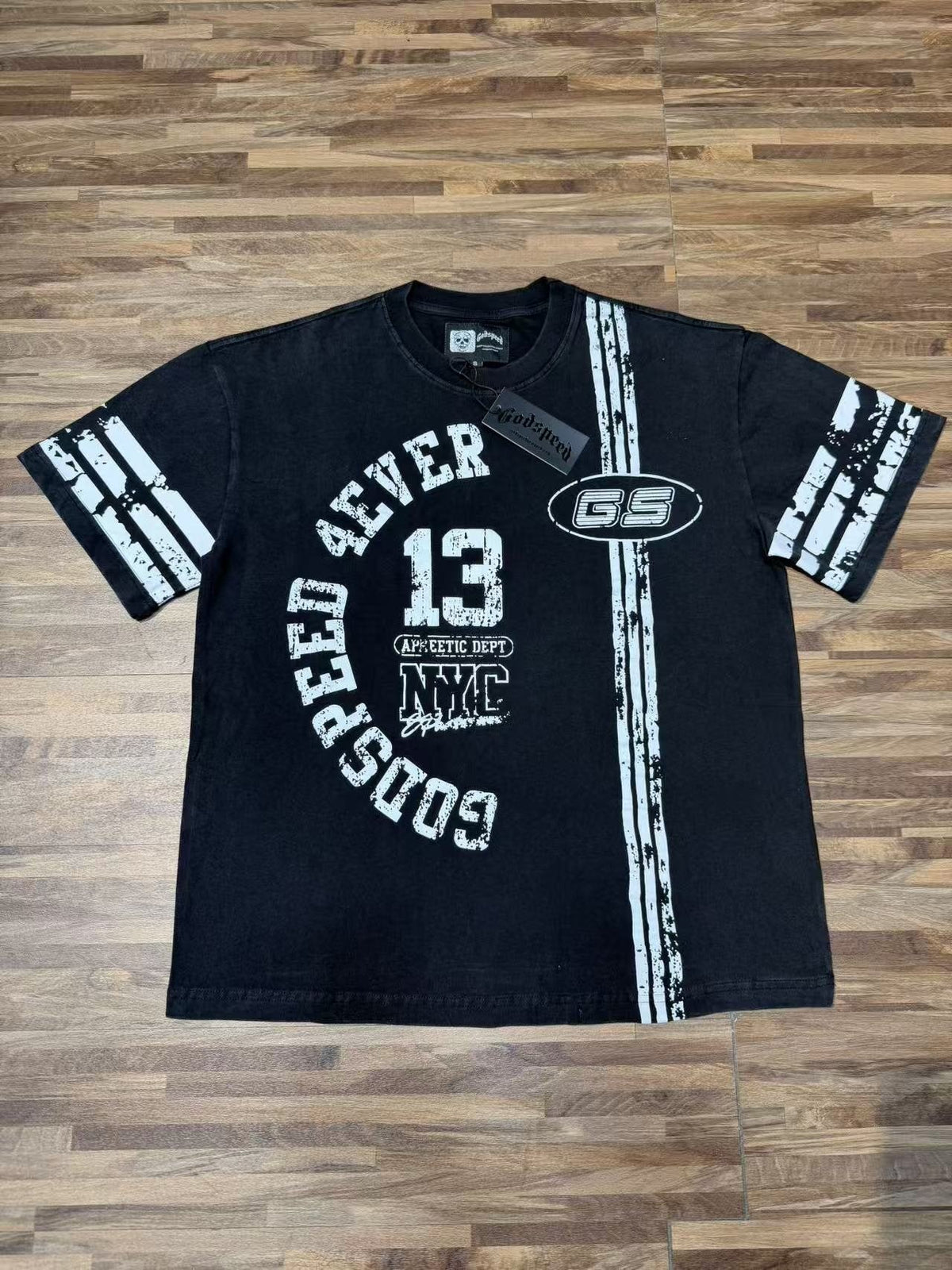 Godspeed Washed Black Distressed Graphic T-Shirt — front