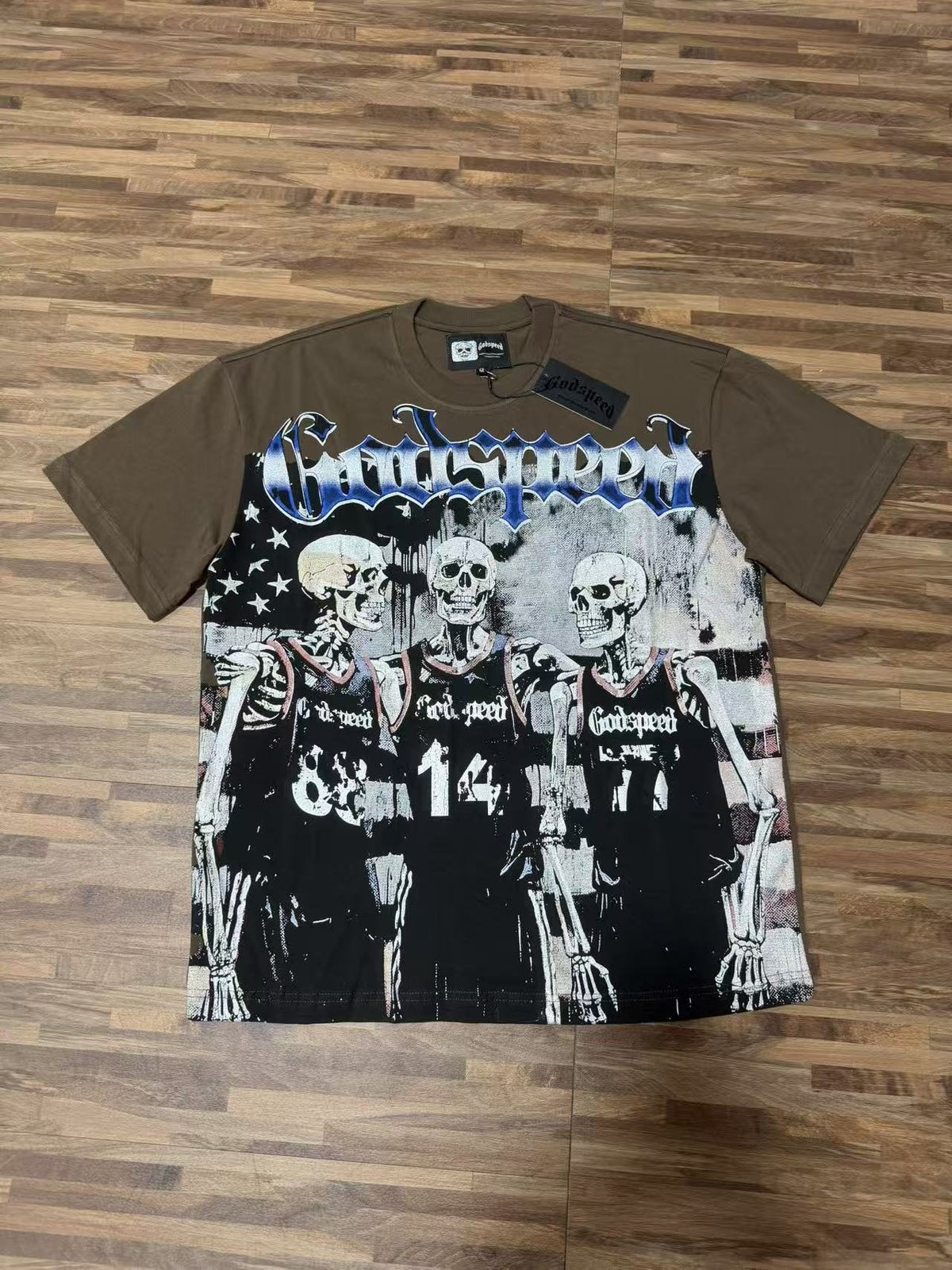 Godspeed Skeleton Basketball Number 14 T-Shirt — front