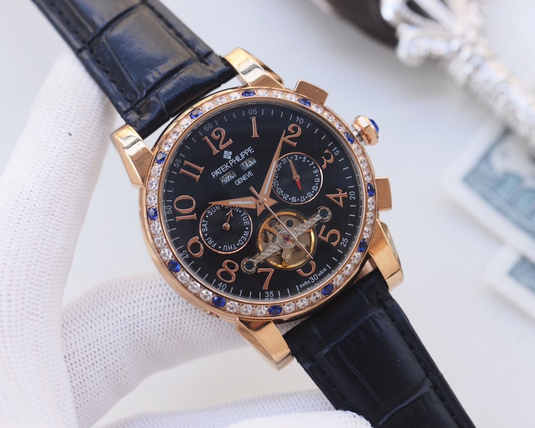 Patek Philippe Rose Gold Blue Black Dial Leather Strap Watch — hero