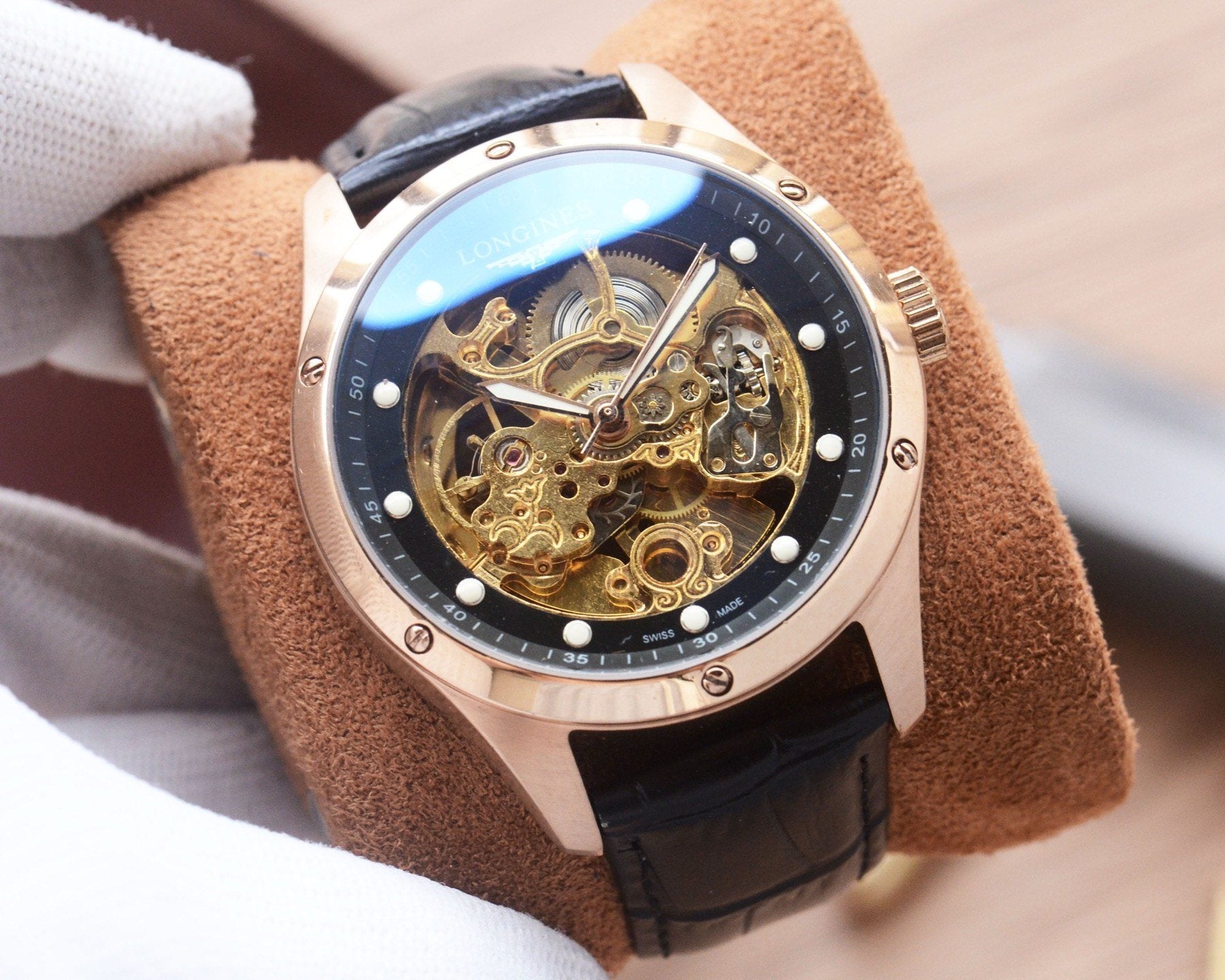 Hublot Rose Gold Black Leather Strap Watch — hero