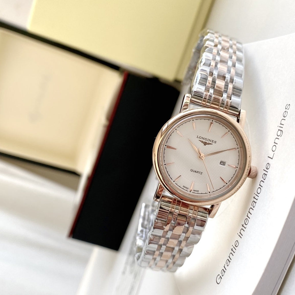 Longines Rose Gold Silver Bracelet Couple Watch Set — detail