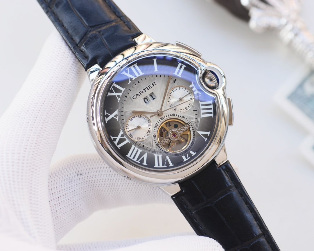 Cartier Silver Black Dial Leather Strap Watch — front