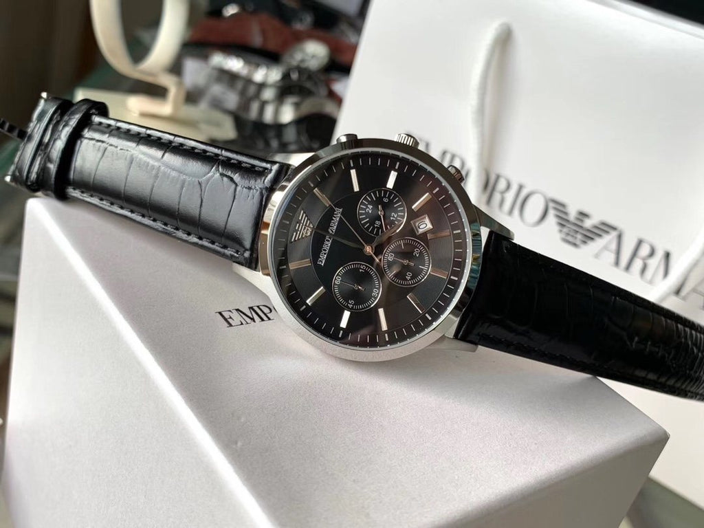 EMPORIO ARMANI Black Dial Leather Strap Watch — front