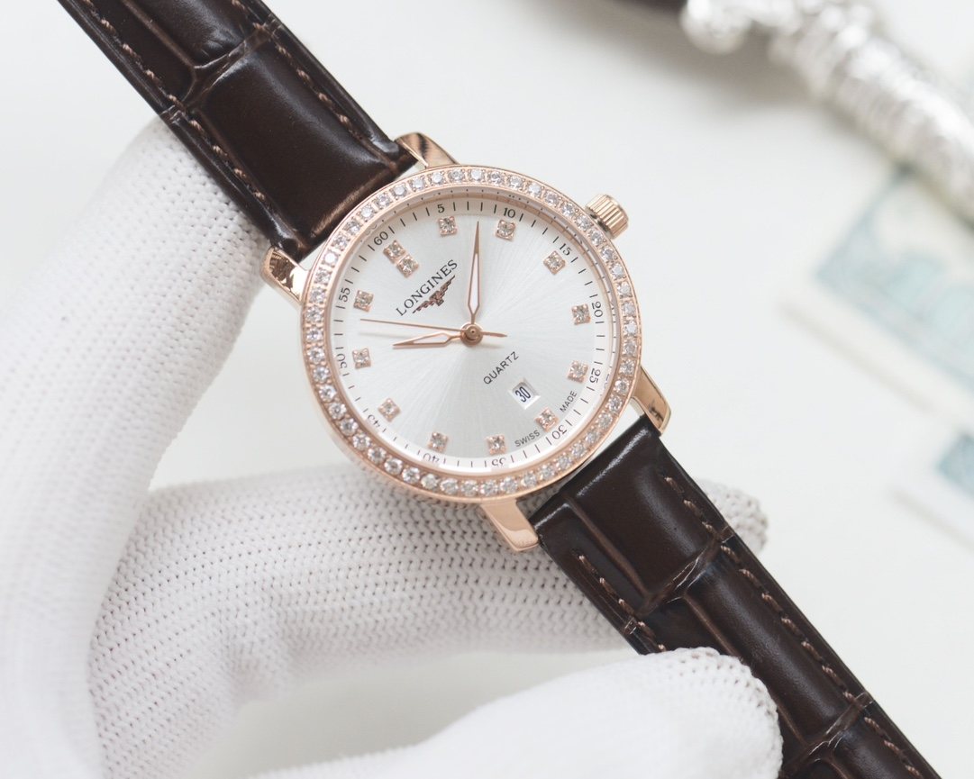 Longines Brown Rose Gold White Dial Leather Strap Watch — hero