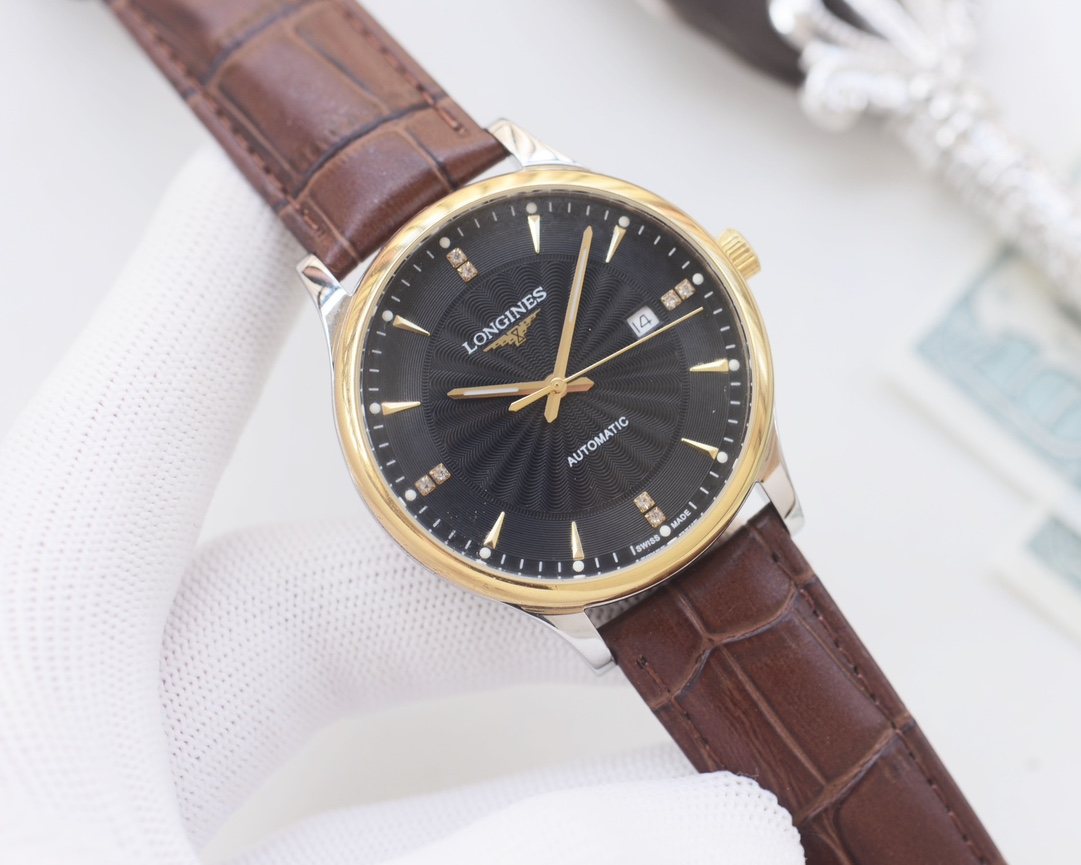 Longines Gold Brown Black Dial Strap Watch — hero