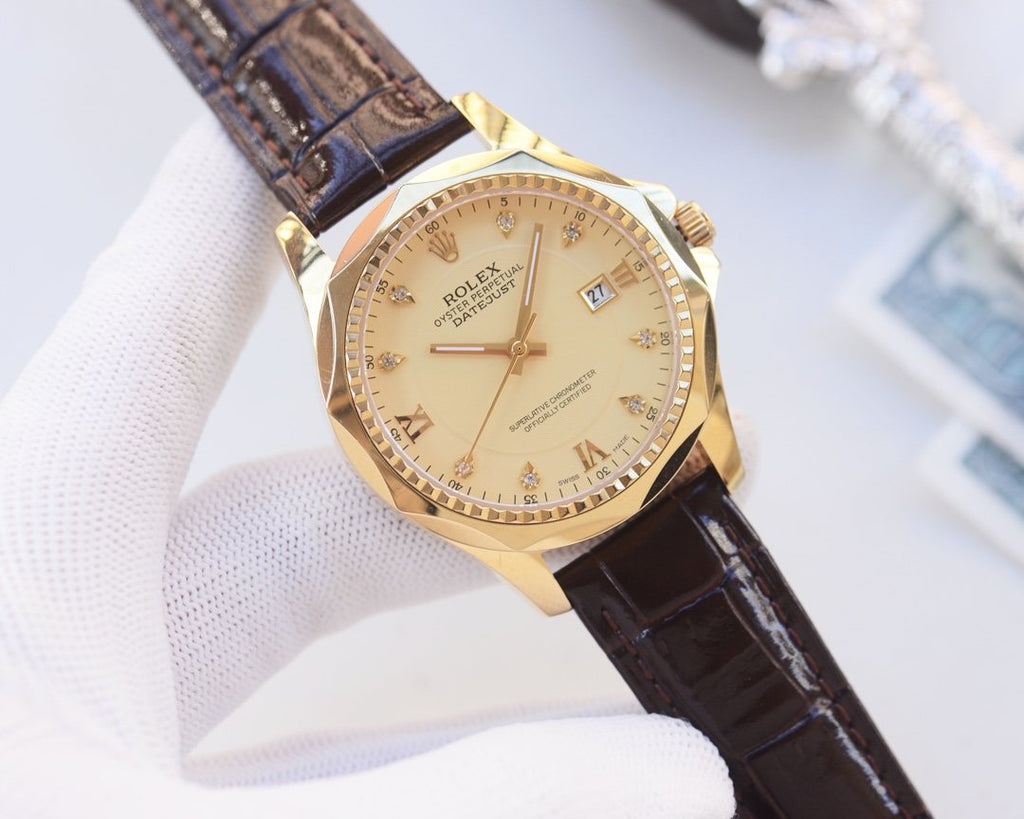 Rolex Gold Brown Strap Watch — front