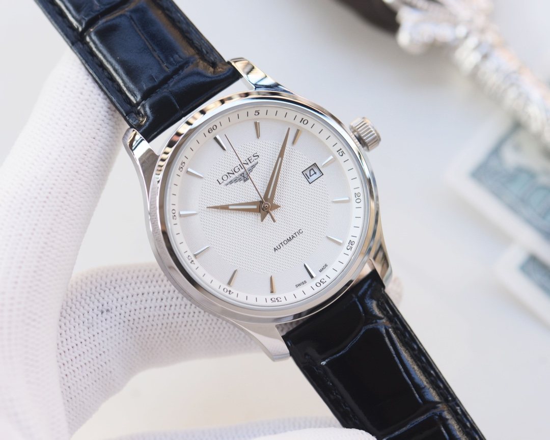Longines Silver Blue White Dial Leather Strap Watch — hero