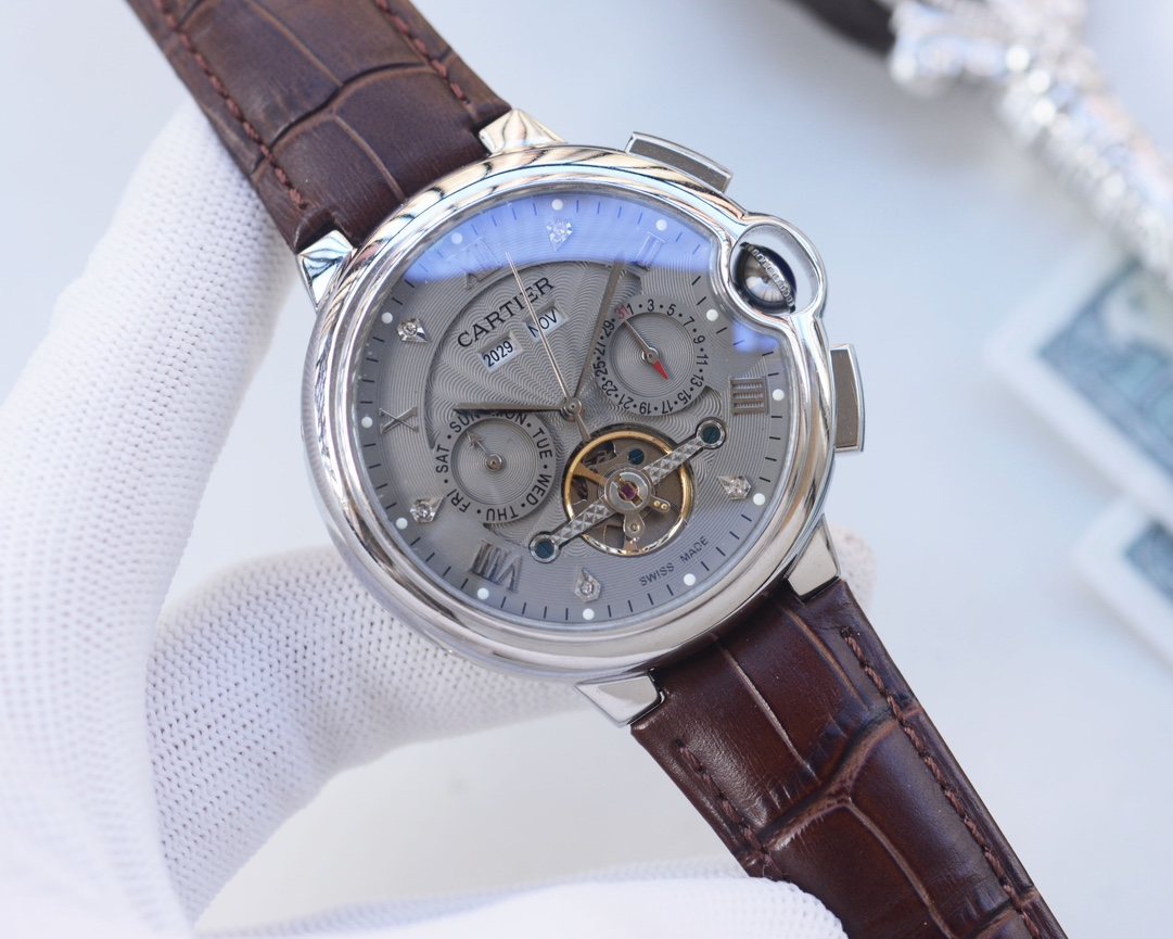 Cartier Silver Brown Strap Watch — hero