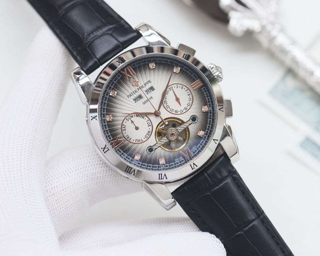 Patek Philippe Black Silver Dial Strap Watch — front