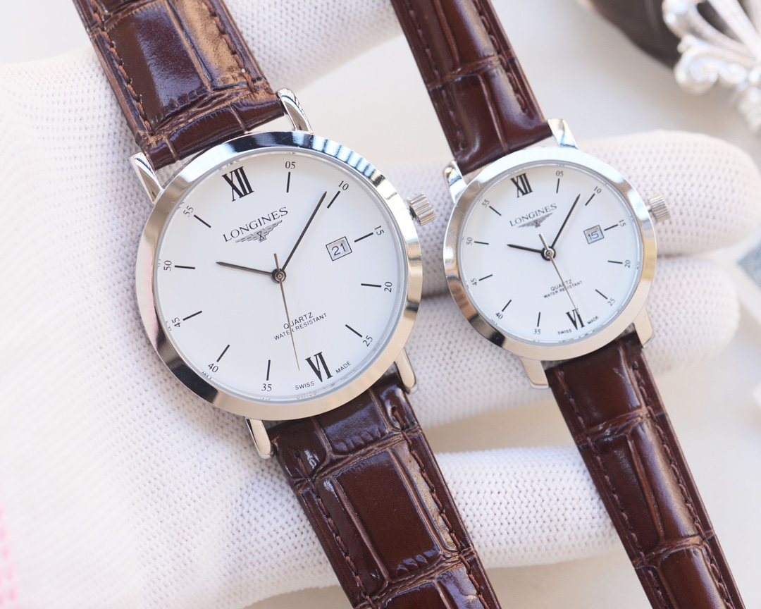 Longines Silver Brown White Dial Leather Strap Couple Watch Set — hero