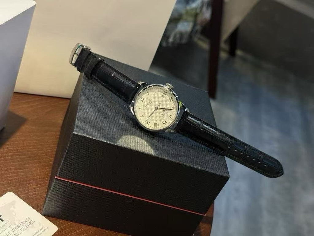 Tissot Cream Dial Black Leather Strap Watch — front