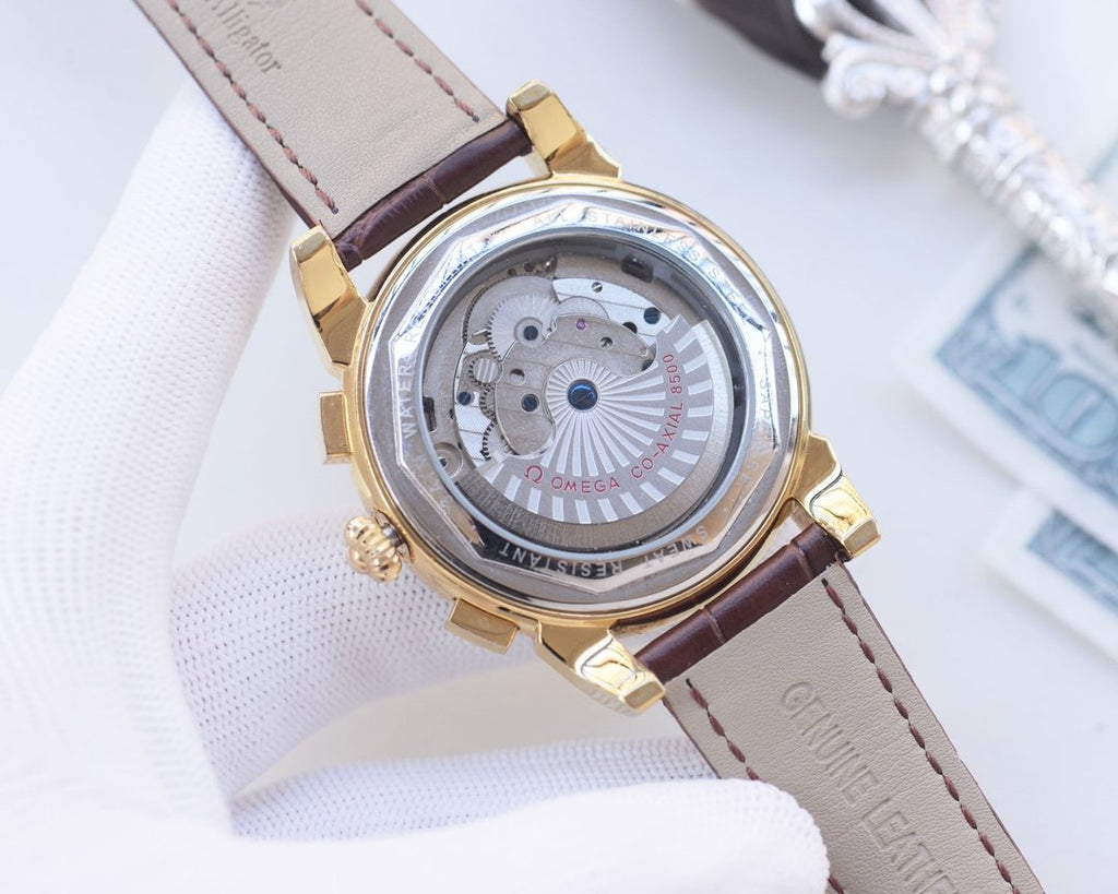 Omega Gold Blue Brown Dial Strap Watch — back