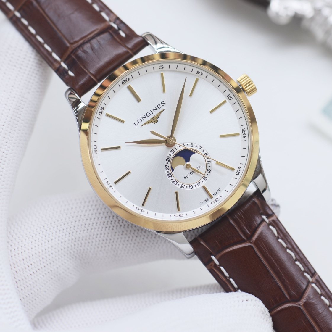 Longines Gold Brown White Dial Strap Watch — hero