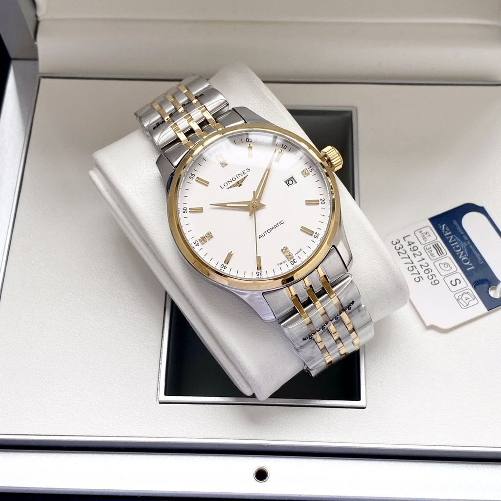 Longines Two Tone Silver White Dial Bracelet Watch — front