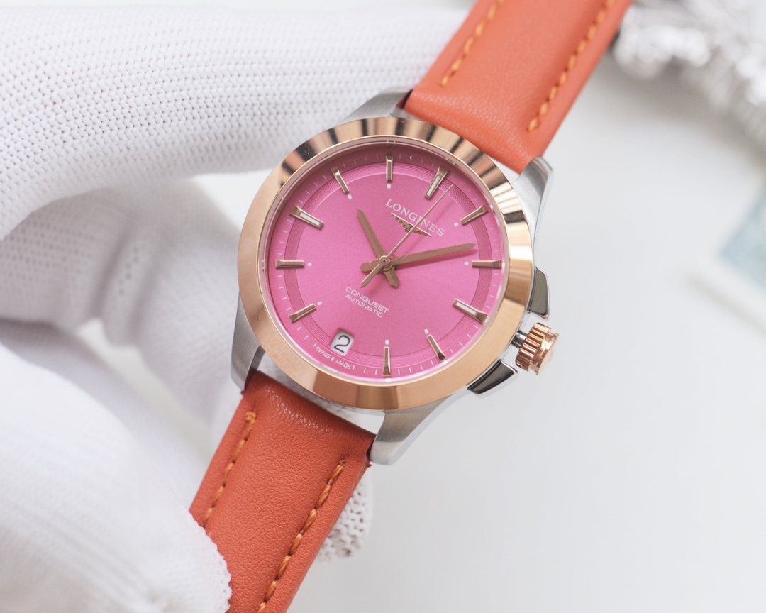 Longines Rose Gold Pink Dial Strap Watch — side