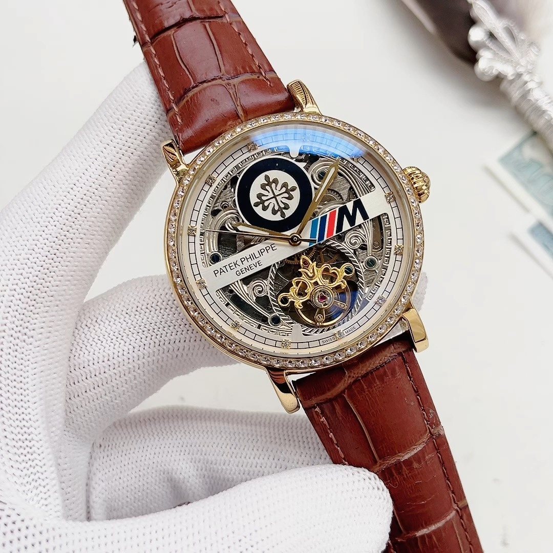 Patek Philippe Brown Leather Skeleton Dial Watch — hero