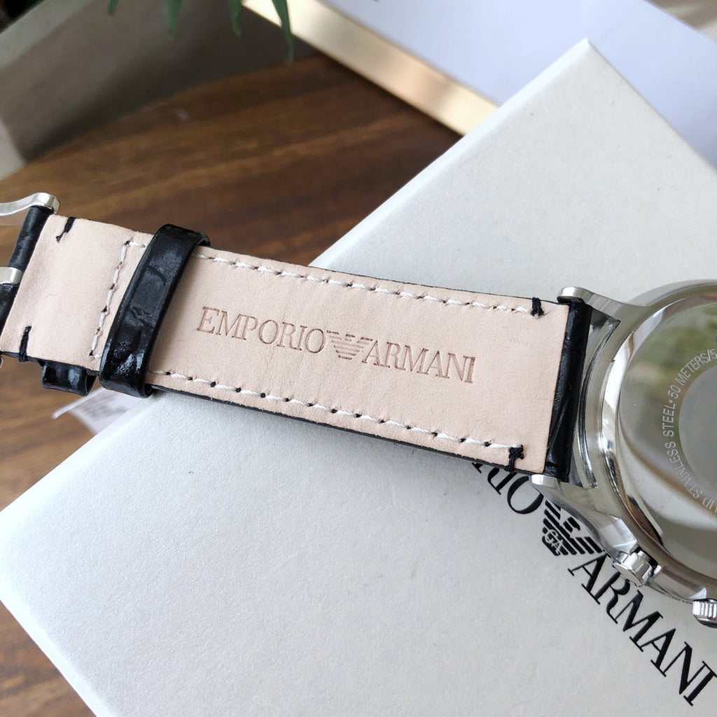 EMPORIO ARMANI Black Dial Leather Strap Watch — back