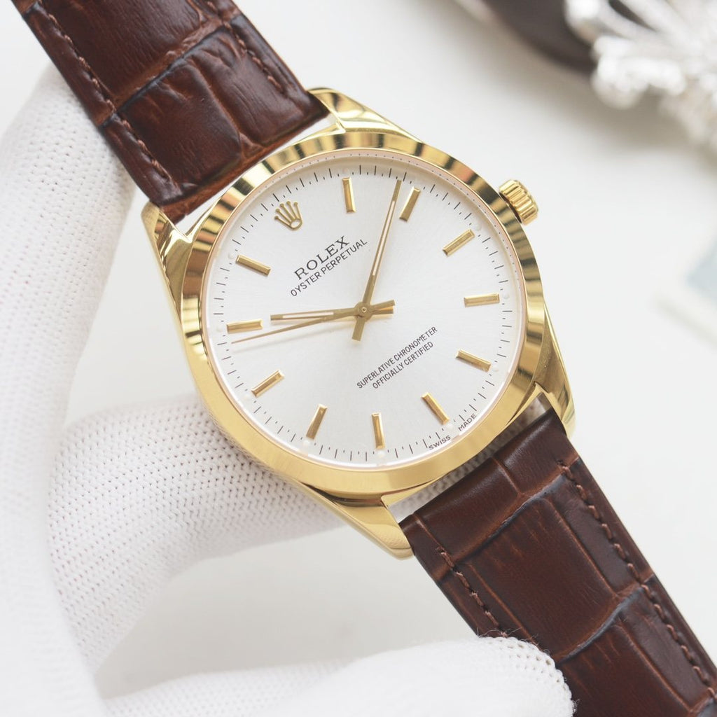 Rolex Gold Brown White Dial Leather Strap Watch — hero
