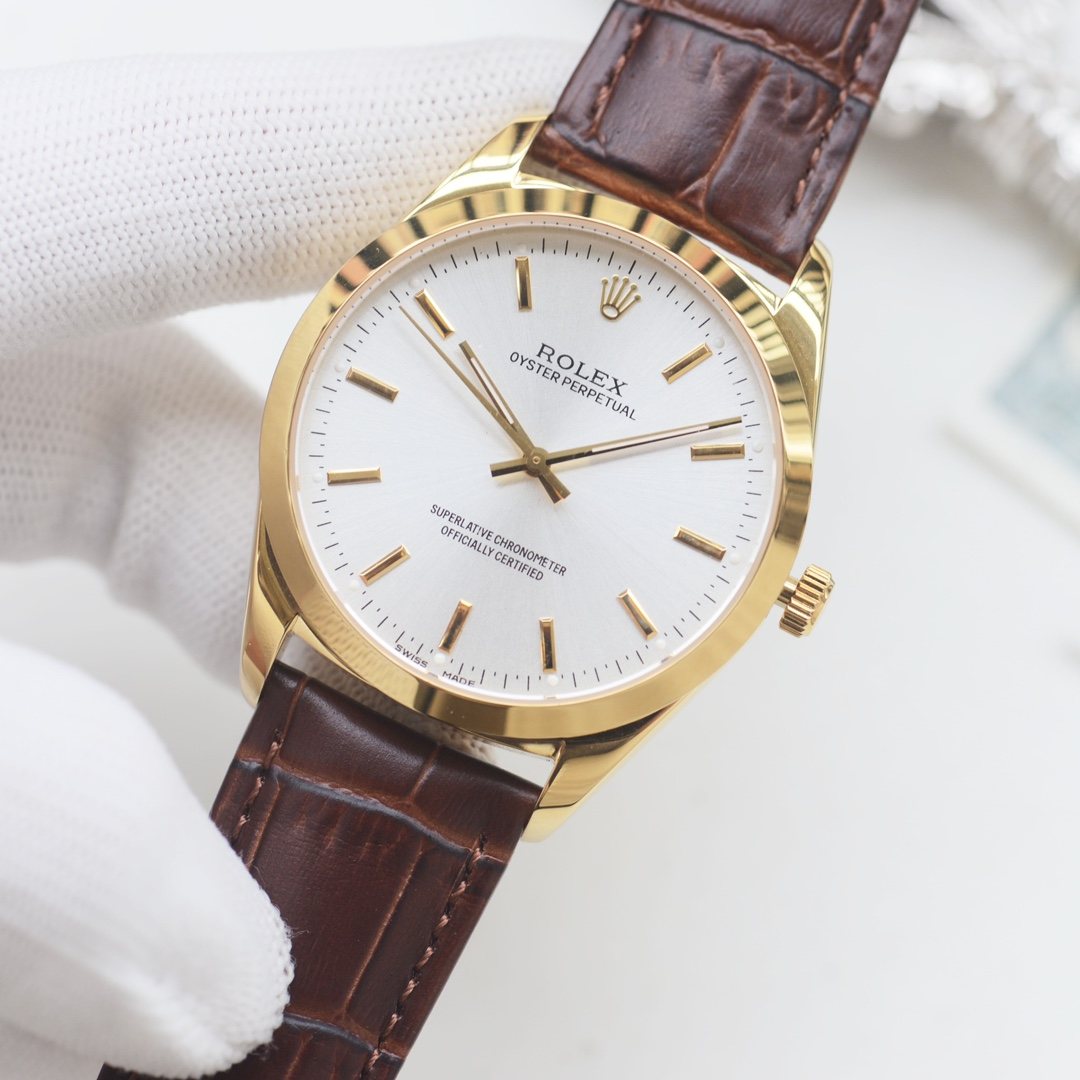 Rolex Gold Brown White Dial Leather Strap Watch — front