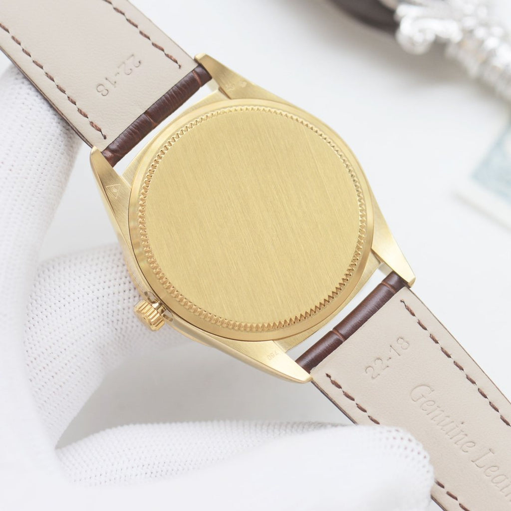 Rolex Gold Brown White Dial Leather Strap Watch — back