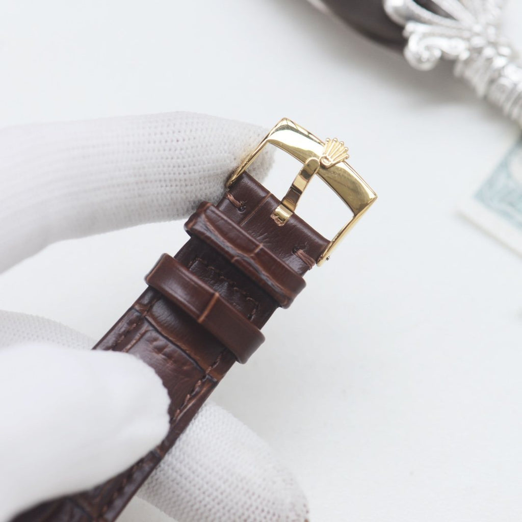 Rolex Gold Brown White Dial Leather Strap Watch — detail