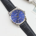 Rolex Silver Black Blue Dial Leather Strap Watch — hero