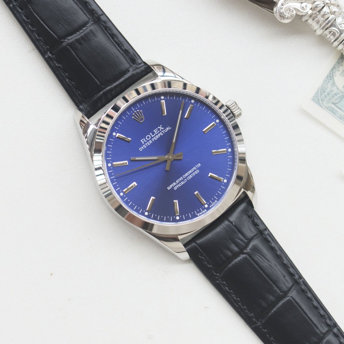 Rolex Silver Black Blue Dial Leather Strap Watch — hero