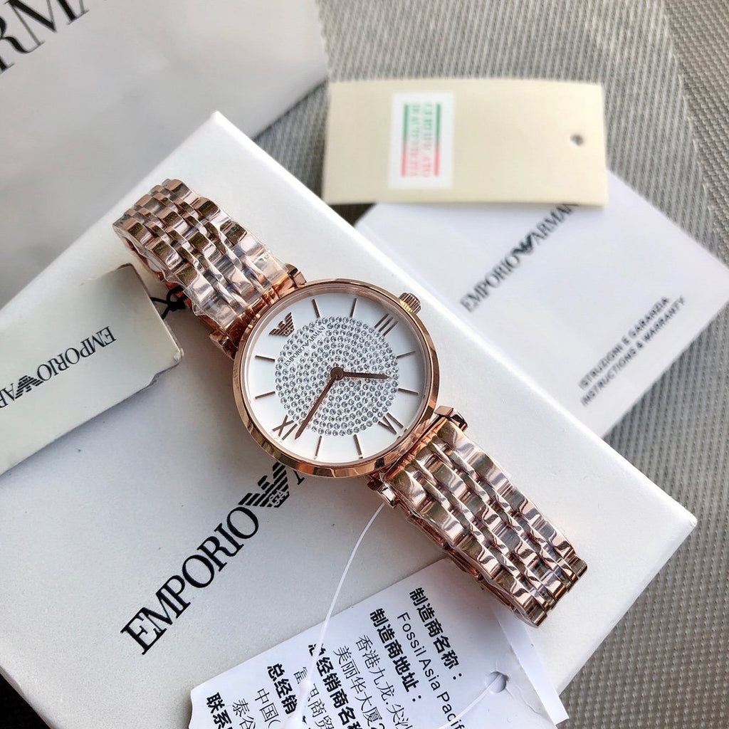 EMPORIO ARMANI Rose Gold Crystal Dial Watch — front
