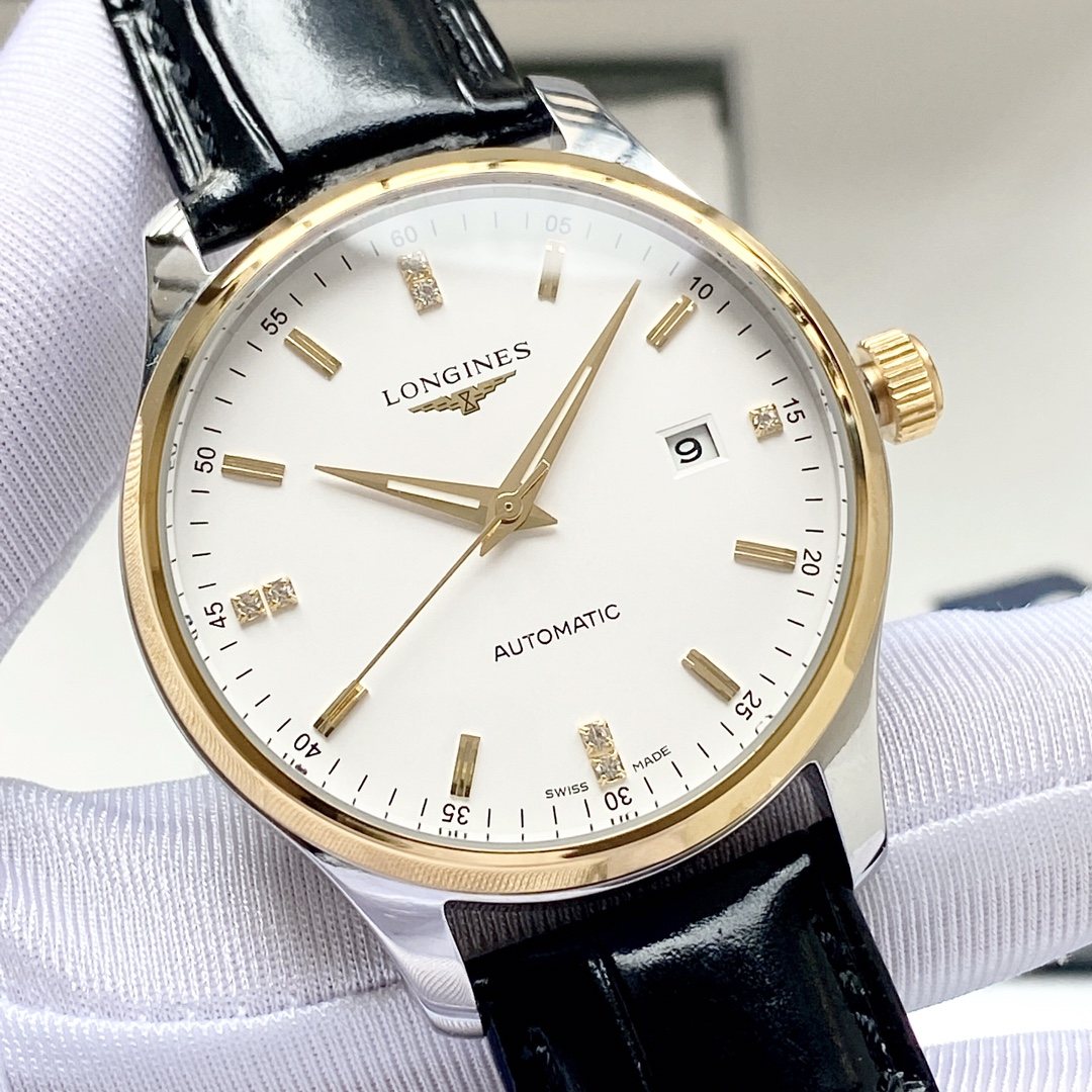 Longines Gold Black White Dial Leather Strap Watch — front
