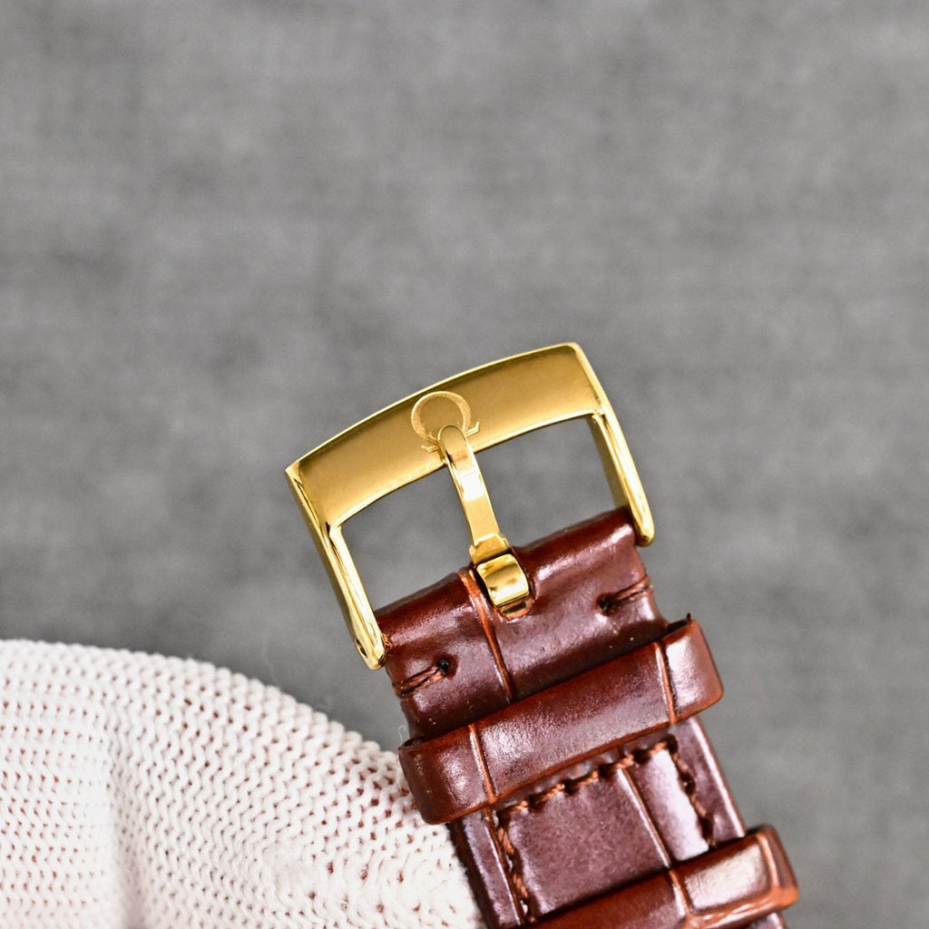 Omega Gold Brown White Dial Strap Watch — detail