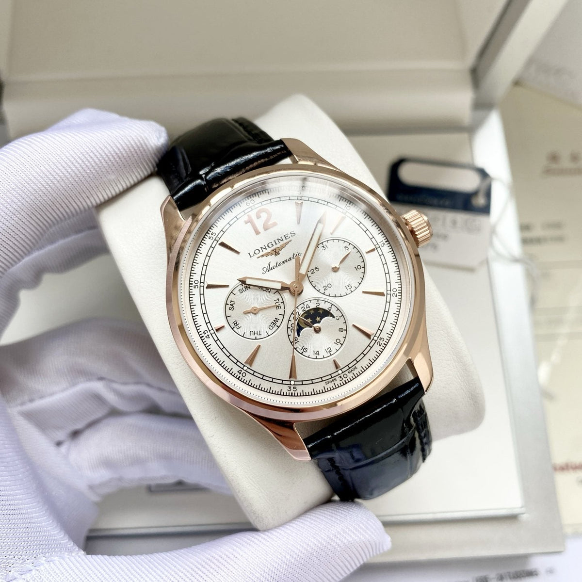Longines Rose Gold Black White Dial Leather Strap Watch — hero