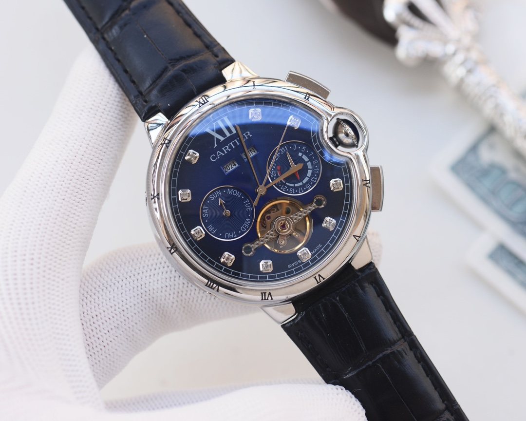 Cartier Silver Black Blue Dial Strap Watch — hero