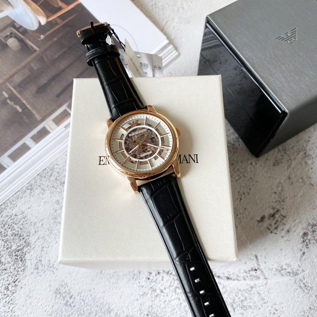 EMPORIO ARMANI Rose Gold Skeleton Watch — front