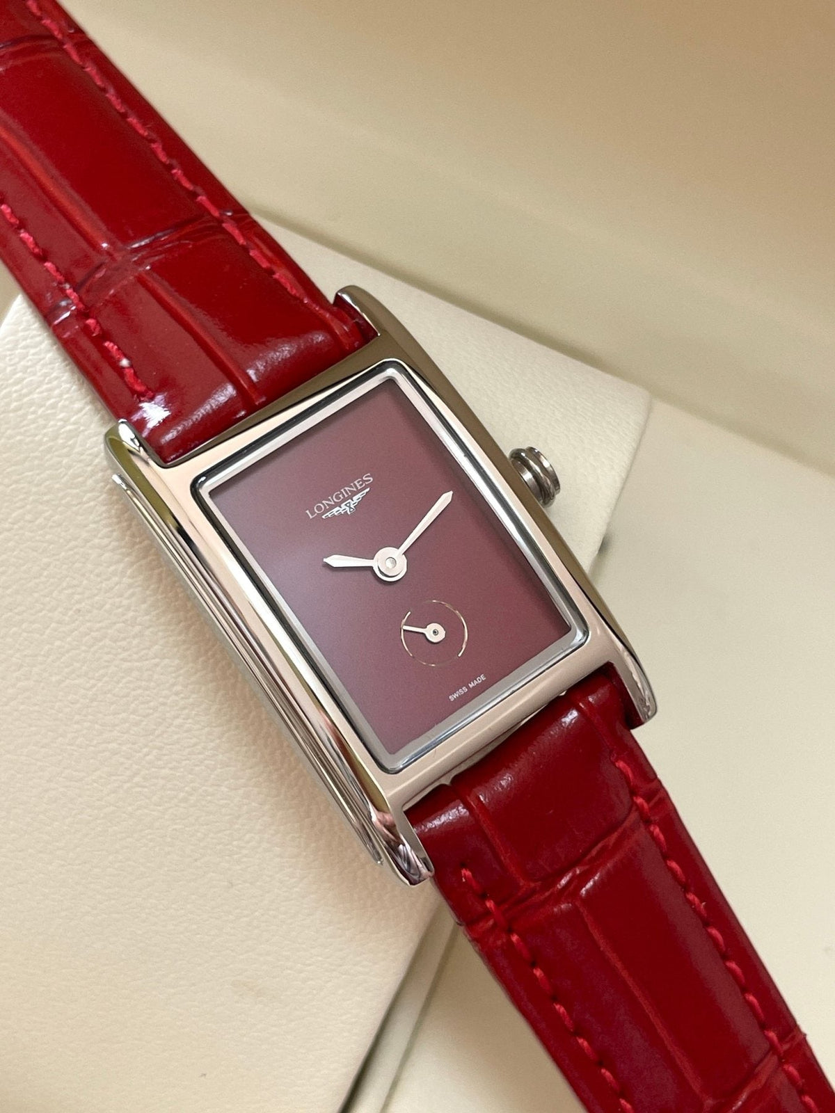 Longines Burgundy Rectangular Strap Watch — front