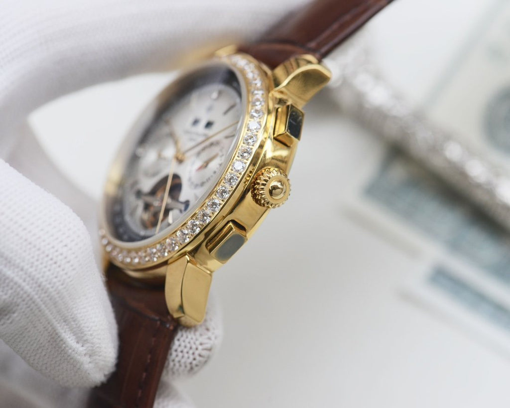 Patek Philippe Gold Silver Blue Dial Strap Watch — side