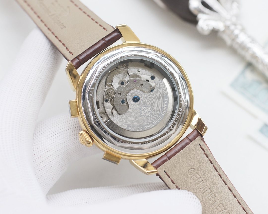 Patek Philippe Gold Silver Blue Dial Strap Watch — back