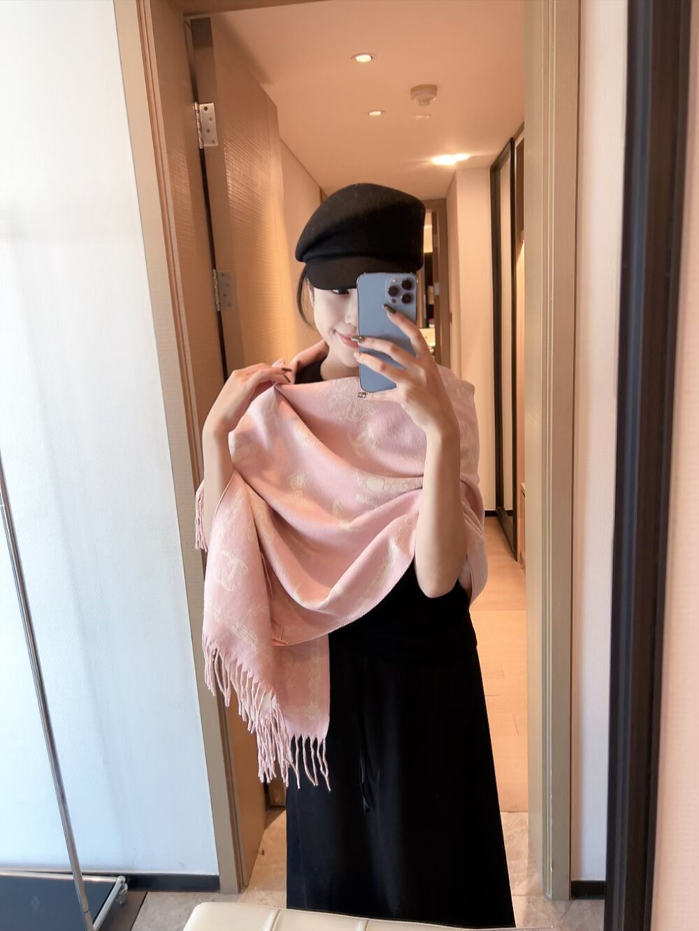 Chanel Fringed Patterned Scarf — model