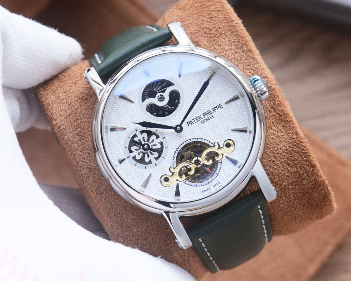 Patek Philippe Silver Green White Dial Strap Watch — hero