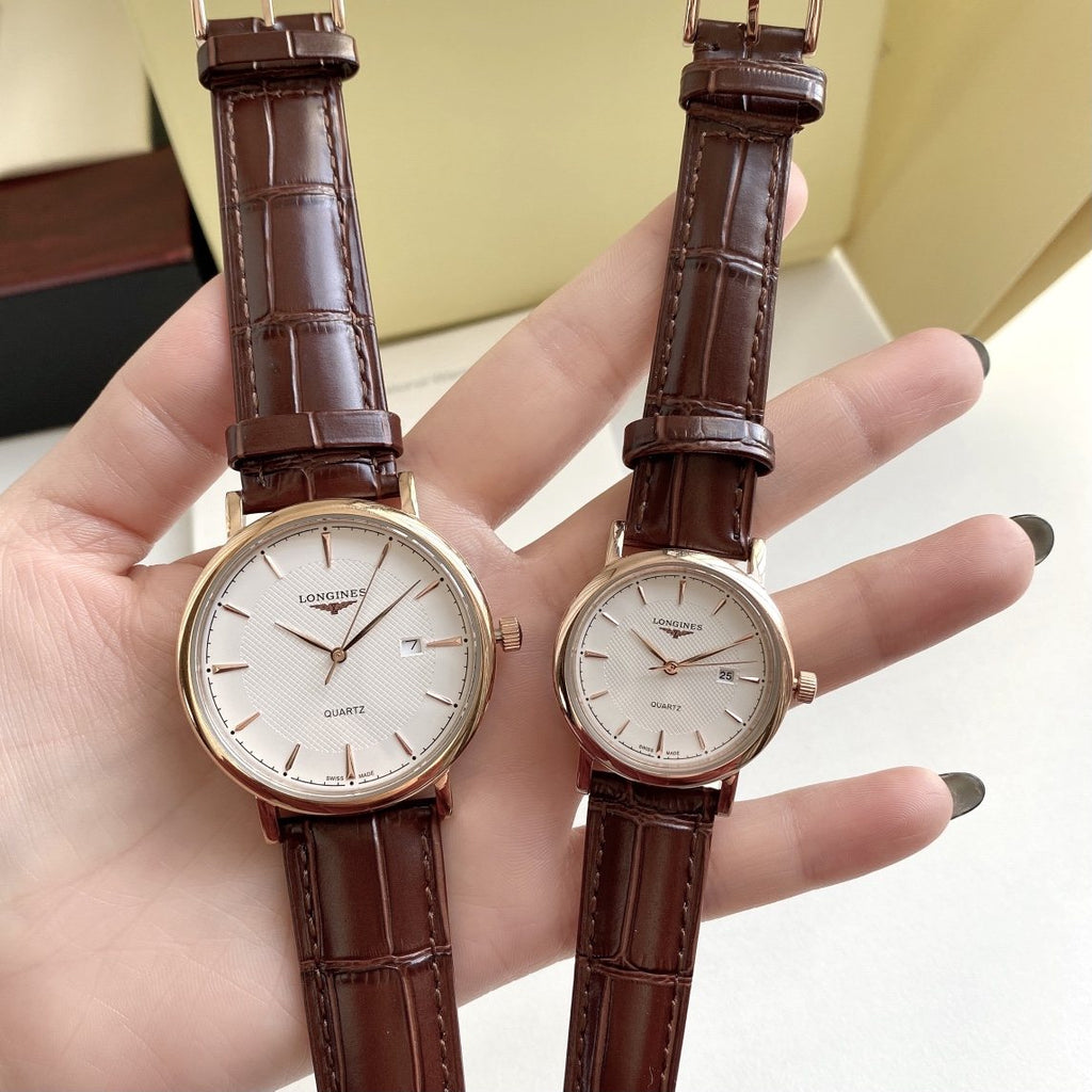 Longines Rose Gold Brown White Dial Strap Couple Watch Set — hero