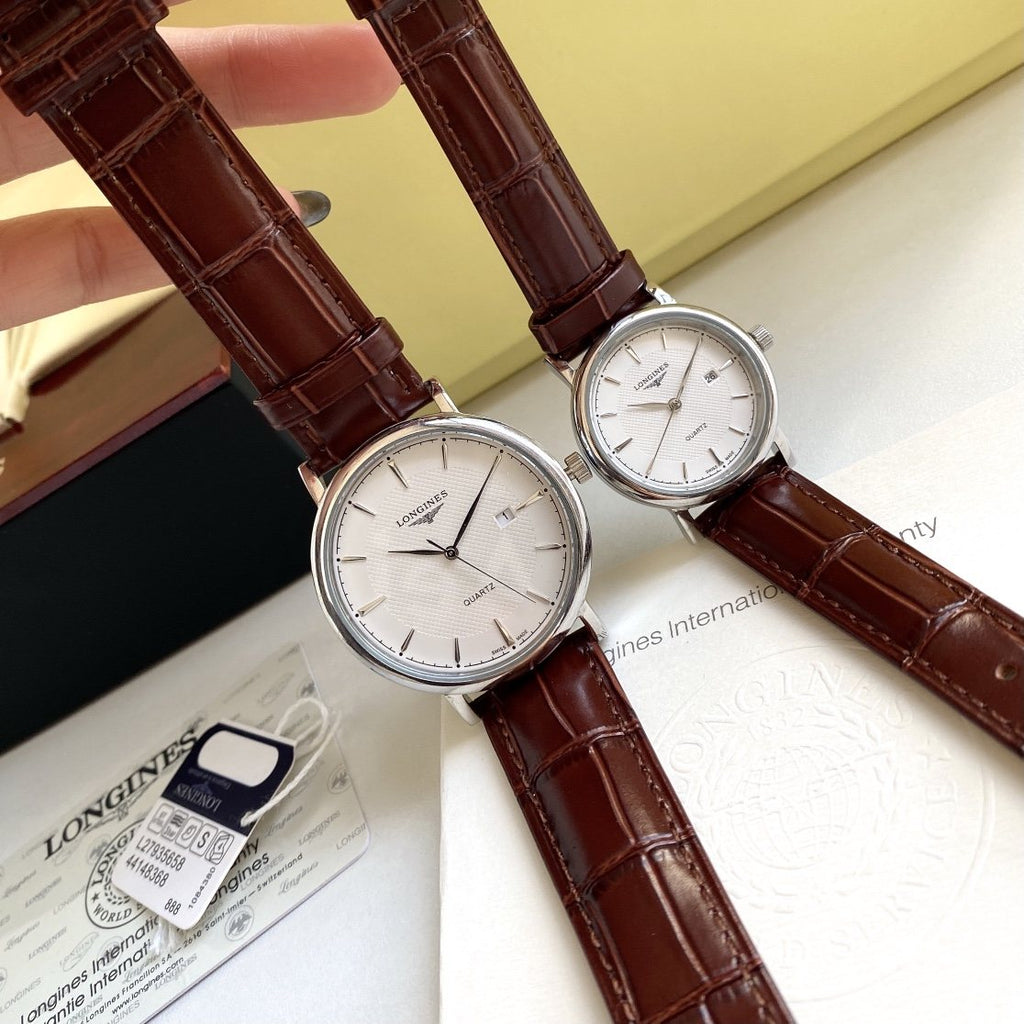 Longines Silver Brown White Dial Strap Couple Watch Set — hero