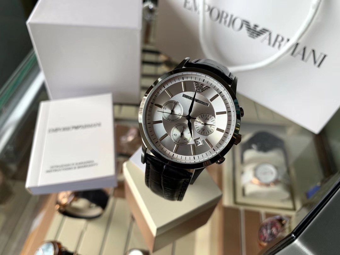 EMPORIO ARMANI Silver Dial Black Strap Watch — front